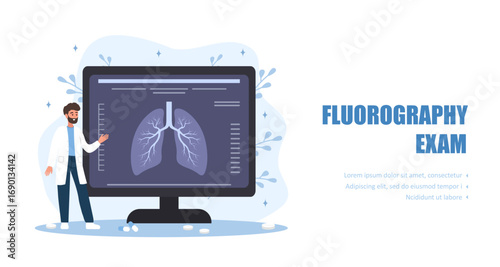 Fluorography exam concept. Lungs care and medical diagnostic. Male doctor with x ray scanning. Flat Vector illustration.