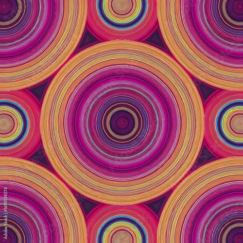 Concentric circles in a seamless pattern display shades of pink orange yellow and blue