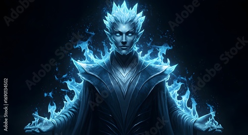 Ice mage figure with crystal hair wearing ornate icy robes surrounded by blue flames on a dark background