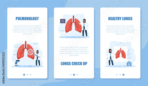 Pulmonology banner set. Lungs exam and treatment. Muslim Female pulmonologist make diagnosis and choose therapy. X ray and fluorography concept. Vector illustration in flat cartoon style.
