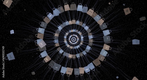 Endless shopping bags spiral into a digital vortex in a starry night sky