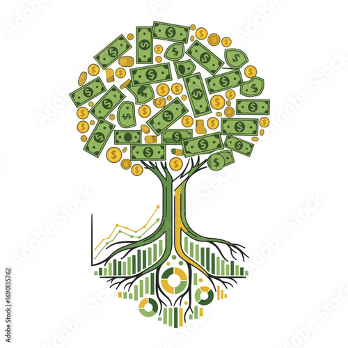 A flat vector of a money tree with economic chart roots. this clean, isolated icon symbolizes financial growth, market success, and strategic investment.