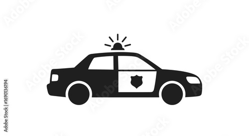 Simple black and white police car icon with a flashing siren light and shield emblem.