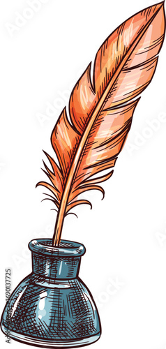Feather with ink. Vector illustration of vintage subject for writing. Symbol of poetry and literature Pro Vector
