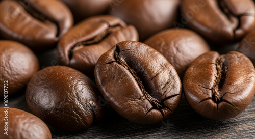 Roasted coffee beans scattered on dark wooden surface create warm and inviting atmosphere, perfect for coffee lovers and cozy mornings.