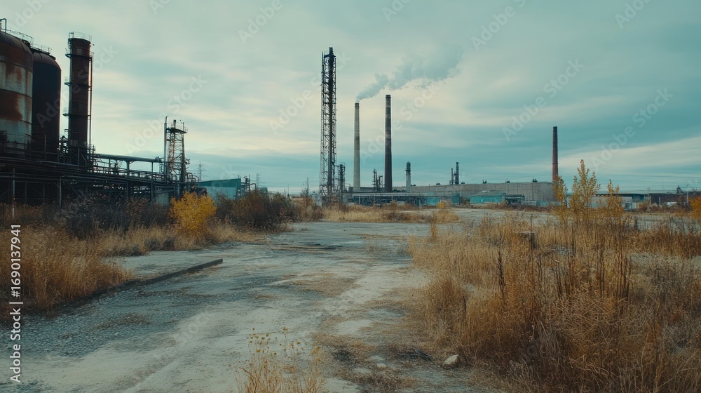 Obraz premium Industrial Landscape with Smoke Stack and Abandoned Path