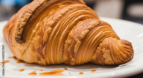 Golden croissant sits on a white plate, showcasing its flaky layers and buttery texture in a cozy cafe setting, inviting a delightful breakfast experience.