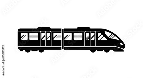 Sleek modern commuter train silhouette with multiple carriages and windows.