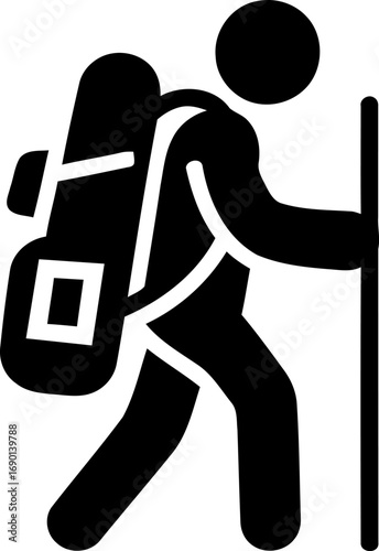 Hiker with backpack and pole walking icon simple stick figure