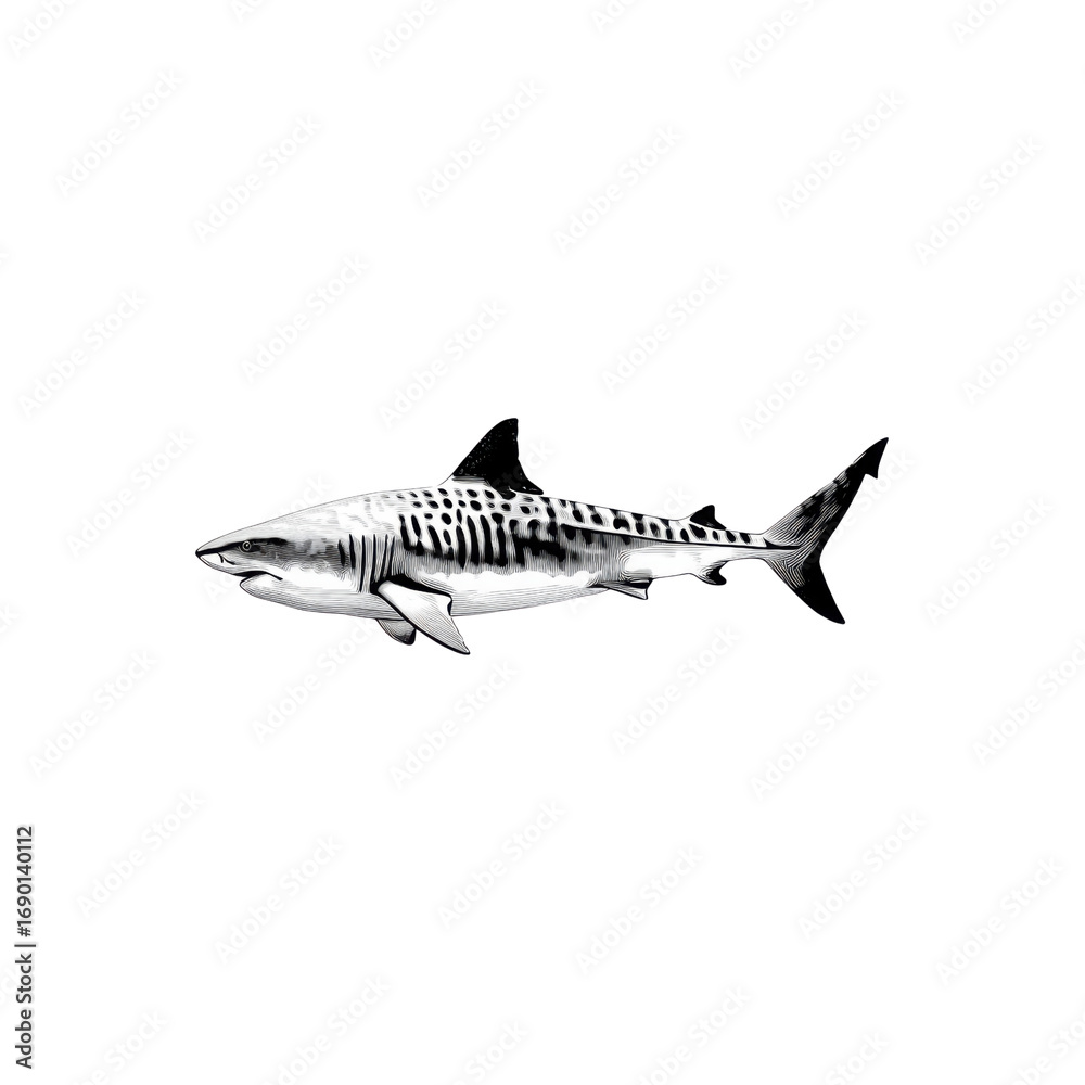Naklejka premium Monochrome Tiger Shark Swimming in the Ocean Depths