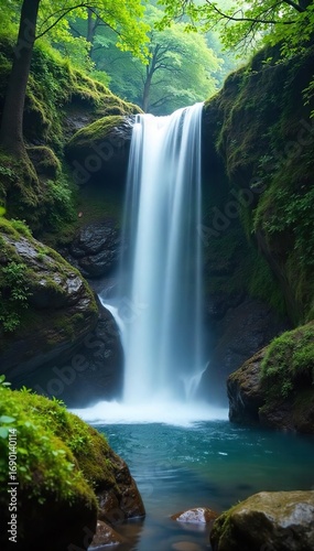 Serene waterfall cascading over mossy rocks, creating a tranquil atmosphere perfect for relaxation and meditation The misty spray adds to the peaceful ambiance of this natural scene , flow, yoga