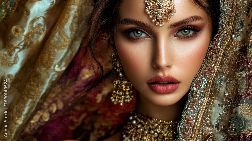 Fototapeta premium Close-up Portrait of a Woman Adorned in Indian Jewelry and Garments