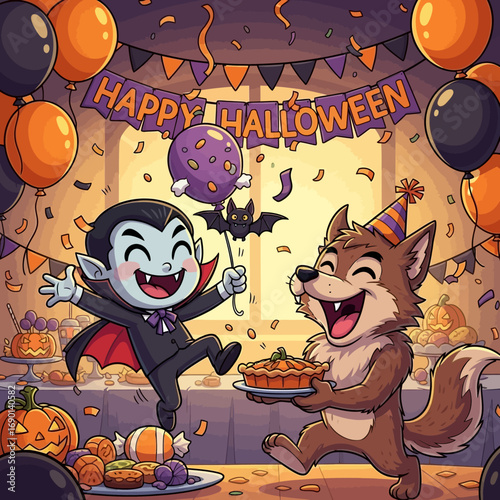Joyful vampire and werewolf celebrate Halloween party with pie and balloons