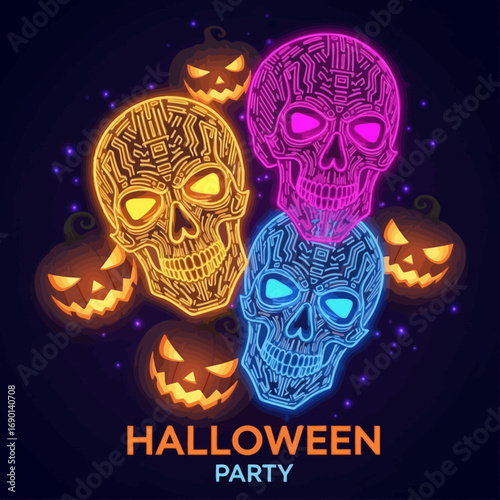 Vibrant neon skulls and jack-o'-lanterns glow for an electrifying Halloween party celebration.