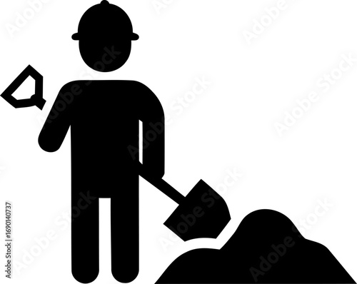 Worker digging pile of dirt with shovel and pickaxe icon