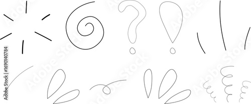 Hand-drawn doodle vector set with sketchy comic elements including lines, swirls, question marks, and exclamation marks, perfect for creative design, decoration, and cartoon illustrations.