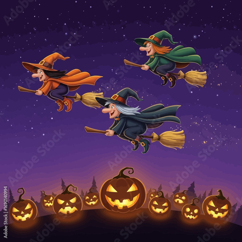 Whimsical witches fly on broomsticks under starry sky above glowing jack-o'-lanterns