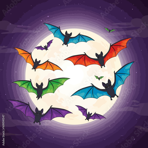 Whimsical bats flutter across a glowing full moon on a starry Halloween night