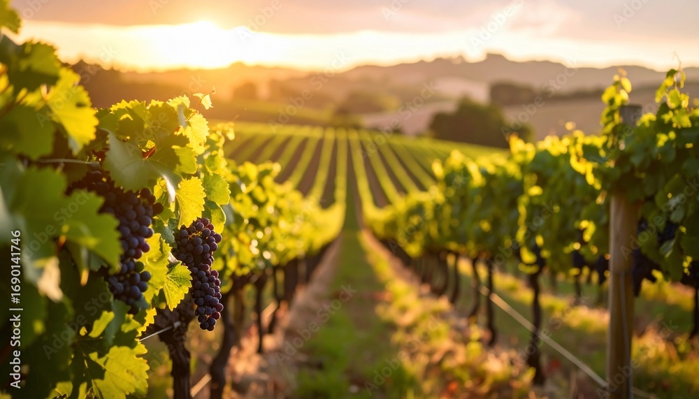 Fototapeta premium Scenic vineyard at sunset, with rows of grape vines, and a warm and inviting glow