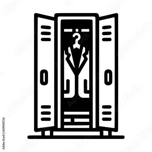Open locker with a hanging coat black vector icon with transparent background 
