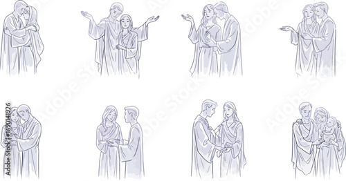 Vector vector art of collection of line art drawings depicting couples in various poses, transparent background