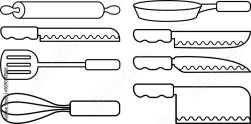 Kitchen utensils vector set with knives, pan, whisk, spatula, and rolling pin in simple outline style, perfect for cooking design, restaurant branding, menu illustrations, and culinary graphics.