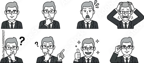 Vector vector art of businessman emotion icons set with various facial expressions transparent background