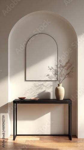 Elegant entryway with arched mirror and console table.