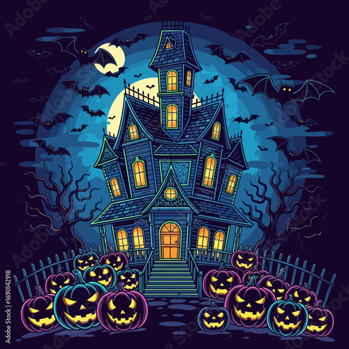 Spooky haunted mansion with jack-o-lanterns and bats under a full moon creates Halloween magic