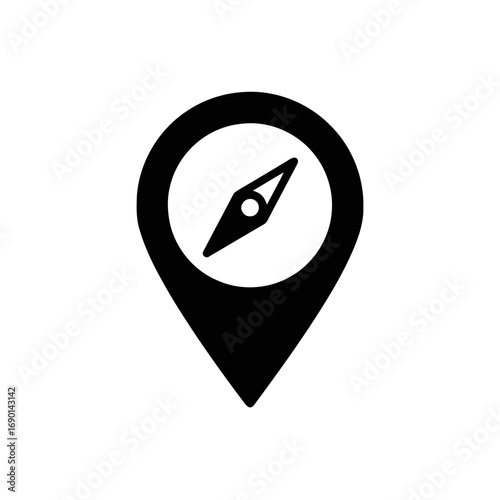Black and white graphic of a location pin icon containing a compass symbol inside.