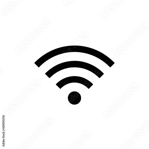 Simple black and white graphic depicting a wireless internet signal icon.