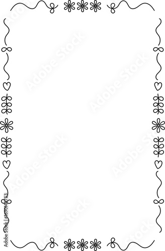 Vertical square hand drawn border with flowers and hearts