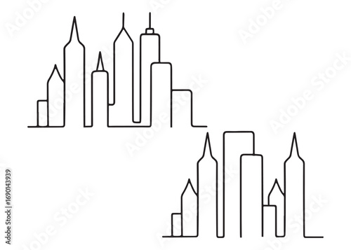 Continuous line art City Buildings. Vector Modern Illustration