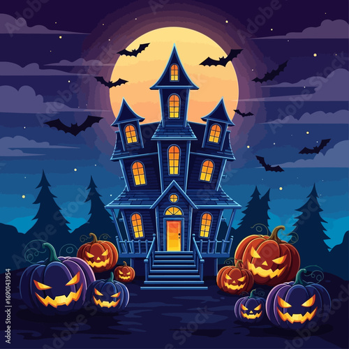 Spooky haunted mansion glows under a giant full moon with grinning jack-o'-lanterns and bats flying