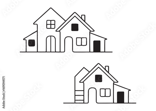 Continuous line art House. Containing house, family, home, building and more. Vector Modern Illustration