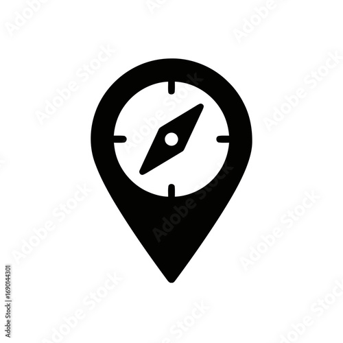 A black and white illustration of a compass within a location marker, indicating direction.