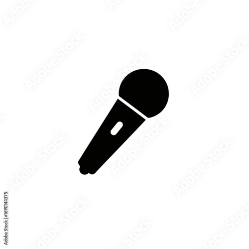 A black silhouette of a microphone on a white background, angled slightly.