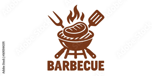 Minimalist logo Barbecue restaurant  concept. Logo of Barbecue, Grill and Bar with fire, grill fork and spatula. BBQ logo template. Grunge texture. Vector illustration