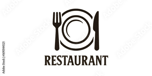 Minimalist logo Barbecue restaurant  concept. Logo of Barbecue, Grill and Bar with fire, grill fork and spatula. BBQ logo template. Grunge texture. Vector illustration