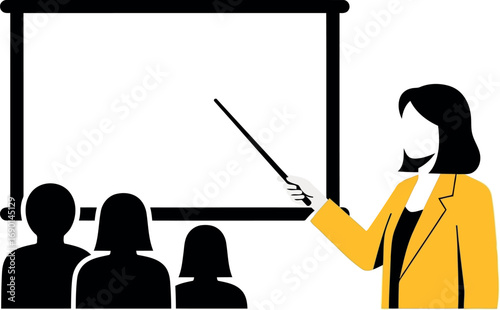 Vector vector art of business presentation with a female instructor pointing at a blank screen to an audience, transparent background