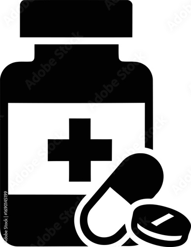 Simple pill bottle and capsule icon for health care and medicine