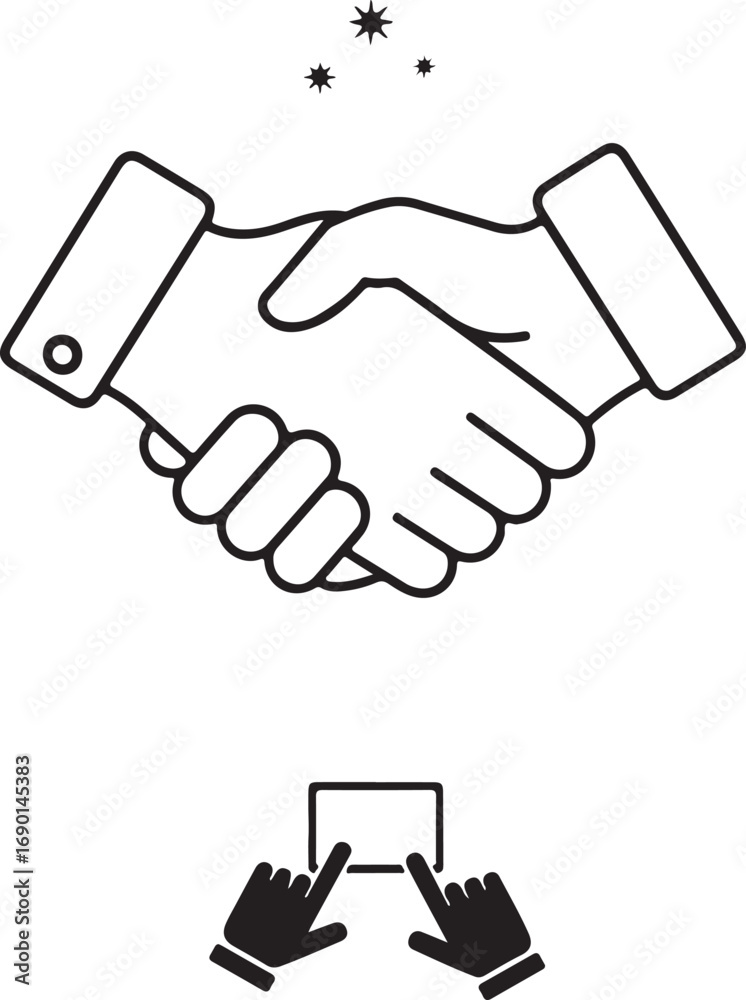 Obraz premium Handshake icon with stars and clicking fingers Keywords: handshake, agreement, business