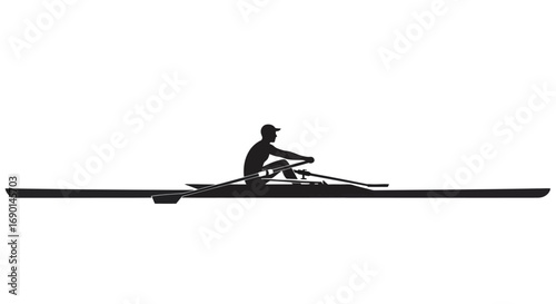 Silhouette of a single sculler rowing a long, narrow racing shell boat in profile view.