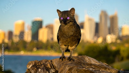 Mysterious creature on log, city backdrop