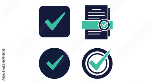 Vector illustration of collection of four dark blue icons with green checkmarks, representing approval, confirmation, and completion