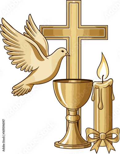 Golden Cross, Chalice, Dove, and Candle – Catholic Communion Symbols Vector Illustration