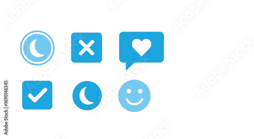 Vector illustration of collection of icons including moon, cross, heart, checkmark, and smiley face
