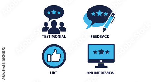 Vector illustration of set of four icons representing customer feedback, testimonials, likes, and online reviews