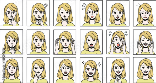 Vector vector art of woman showing multiple emotions and expressions transparent background