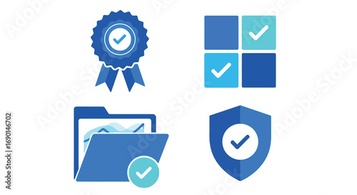 Vector illustration of collection of blue icons representing quality, verification, and security
